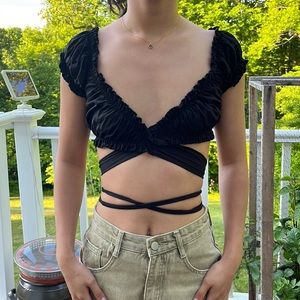 ADIKA black wrap top with puffer sleeves, XS